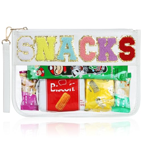 BuyCard Clear White Snack Bag for Travel, Varsity Chenille Letter Patch Flat Cosmetics Pouch with Zipper, Preppy Snacks Makeup Bags, Waterproof PVC&PU Cosmetic Toiletry Bag for Women Girls - color: White-Snacks