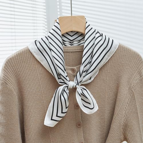 100% Mulberry Silk Neck Scarf 21''x21'' Small Square Hair Scarf for Women Men Lightweight Bandana Envelope Package - color: Classic Stripe- White