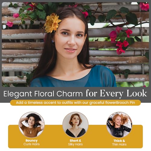 4.72 Inches Elegant Hair Clip Large Flower Brooches for Women | Flower Mesh Feathers Headwear Hair Clips for Wedding | Ponytail Holder & Floral Pins for Clothes Must Have in Fashion Dress Accessories - color: Golden Yellow