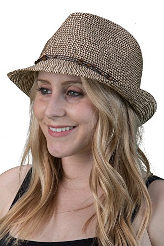 Funky Junque Straw Fedora Hats for Women - UPF 50+ Sun Hat, Short Brim Packable Beach Hat with Woven Pattern - color: 2 Pack - Black & Brown Multi W/ Beaded Ropes