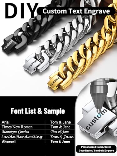 ChainsHouse Stainless Steel Cuban Link Bracelet, 8mm/12mm/17mm Width, 7.5"/8.3"/9", 18K Gold Plated Chain Wrist Bracelets for Men Women, Send Gift Box - color: Q: Steel-12mm width-custom