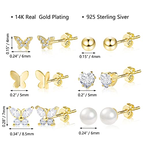 BOUTIQUELOVIN 14K Gold Stud Earrings Set for Women, for Multiple Piercing Silver Plated Studs Earrings and Zirconia Earring Set Small Huggie Hoop Chain Earing - color: 6Pairs Gold C