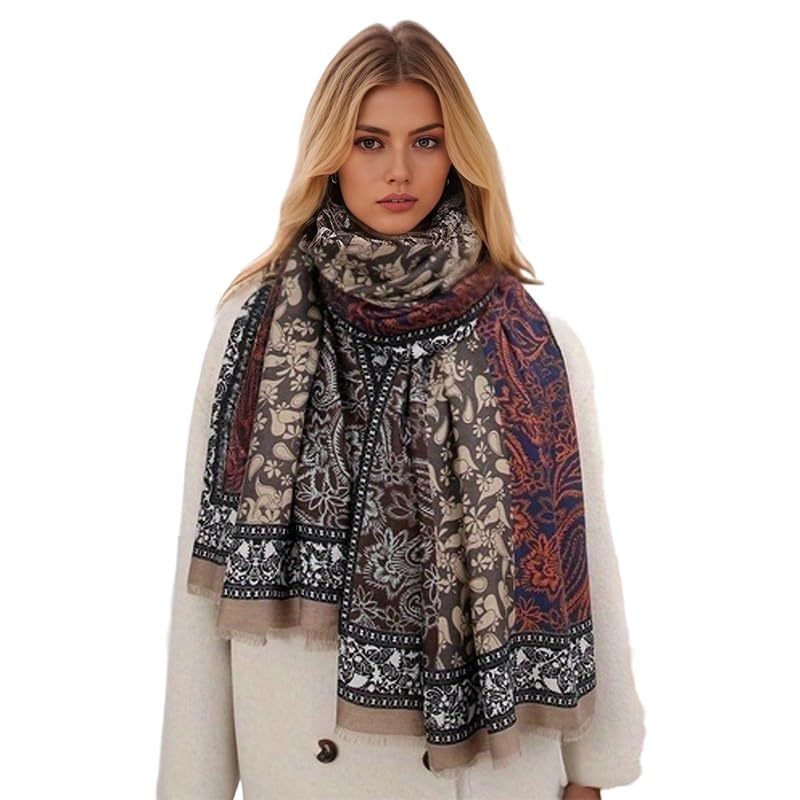 Paisley Pashmina Feel Shawls Wraps for Women Rave Scarf Soft Silky Exotic Boho All Seasons - color: Brown