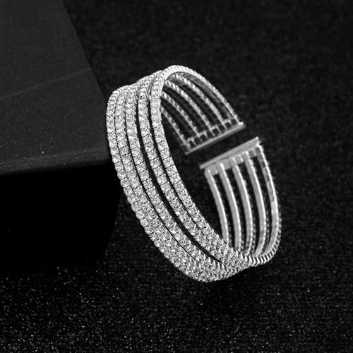 Women's Multi-Layer Rhinestone Cuff Bracelet Sparkling Crystal Tennis Bangle for Bridal Wedding Party - color: 1182 Silver