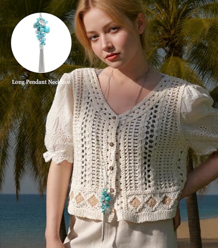 Noessla Boho Long Pendant Necklaces for Women Silver Tassel Long Necklace Sweater Chain Mothers Day Gifts Silver Costume Jewelry for Women - color: Turquoise