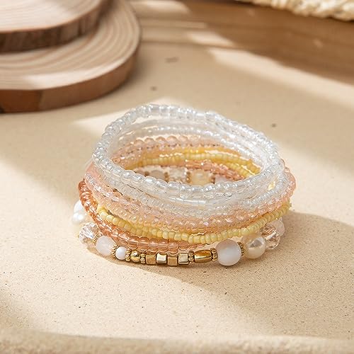 Caiyao Bohemian Multilayer Stackable Seed Beaded Bracelets Colorful Crystal Glass Beads Strand Bangle Bracelet BFF Wristbands Bracelet for Women Summer Beach Hawaii Jewelry Birthday Gifts - color: Off-white