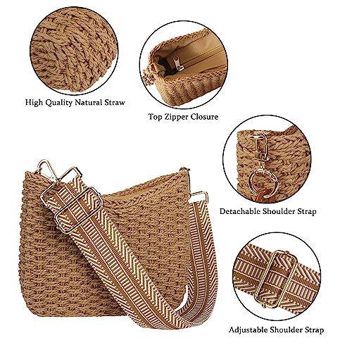 Women Straw Small Crossbody Bag Handmade Woven Shoulder Handbag Summer Beach Purse with Guitar Strap | Straw - color: Brown