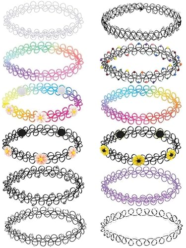 BodyJ4You 12PC Tattoo Choker Necklace for Women - 90s Choker Necklaces Y2K Fashion Trendy Vintage - Emo Black Choker Rainbow Pink White Purple Neon Green Blue Daisy Flower - color: Black, Rainbow, Yellow