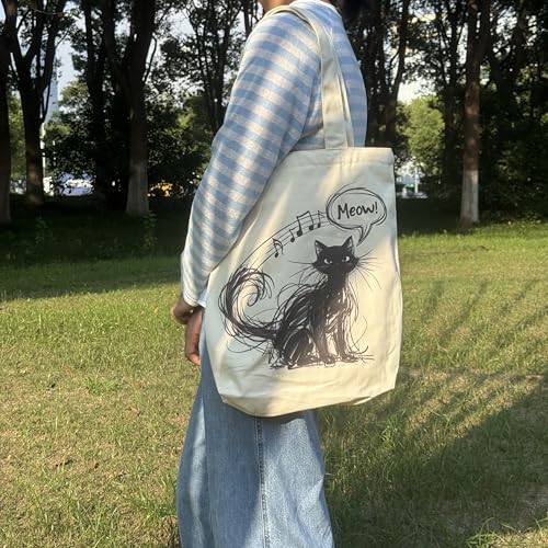 Canvas Tote Bag with Zipper for Women, Aesthetic Tote Bag with Pocket for Vacation, Shopping, Travel, Beach - style: Cat Music-02