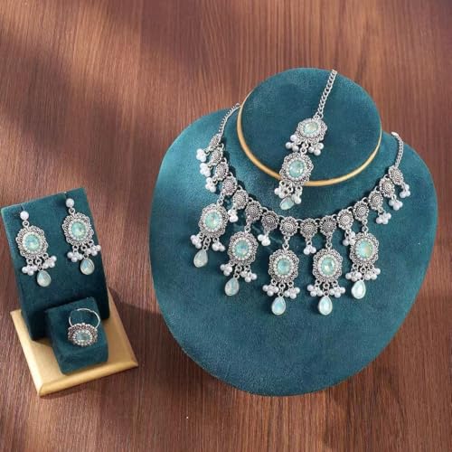 Luxury Waterdrop Rhinestone Pearls Tassel Charm Necklace Earrings Ring Maang Tikka Jewelry 4PCS Set Oxidized Antique Silver Flower Choker Ethnic Indian Retro Crystal Bollywood Bridal Wedding for Women - color: Blue