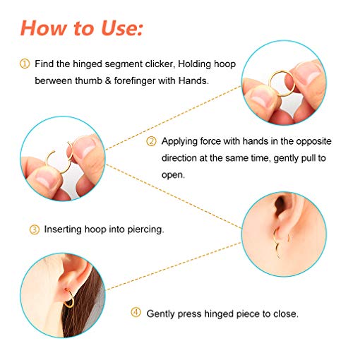 4Pcs 16G 18G 20G Surgical-Steel-Piercing-Ring-Nose-Rings-Hinged-Hoop-Earrings,6mm 8mm 10mm 12mm Seamless Stainless Steel Clicker Eyebrow Septum Piercing Hoop,Sliver Black Gold Rose Gold Rainbow Body Jewelry Set - color: 16G Gold