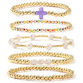 Gold Beaded Cross Bracelet for Women, 14K Plated Adjustable Stackable Dainty Bracelets, Non Tarnish Fashion Jewelry Set Gifts for Women Birthday Friendship - color: Colors-5