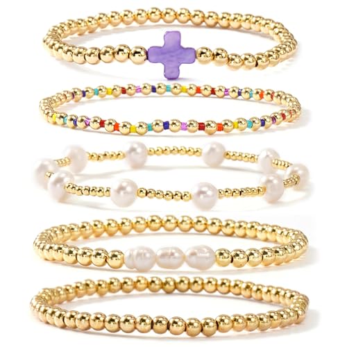 Gold Beaded Cross Bracelet for Women, 14K Plated Adjustable Stackable Dainty Bracelets, Non Tarnish Fashion Jewelry Set Gifts for Women Birthday Friendship - color: Colors-5