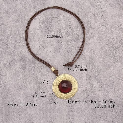 Bohemian Women's Leather Long Pendant Necklace Sweater necklace Adjustable Retro Woven Handmade Jewelry - color: Gold Red Stone