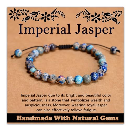 468Handmade Adjustable Natural Gemstone Crystal Bracelet Healing Power Energy Inspirational Gifts with Card for Unisex - color: 11-Imperial Jasper (Auspicious), size: 6mm