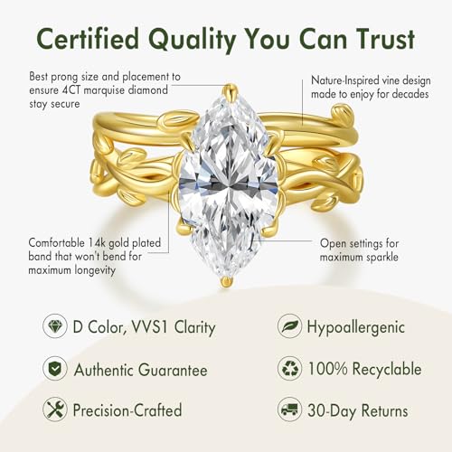 4CT Moissanite Marquise Engagement Ring Set for Women, Vintage Vine D Color VVSI 14K Gold Plated Promise Wedding Band, Bridal Festival Gift with Certificates - color: Gold, size: 8