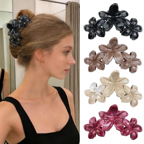 4Pcs Hawaiian Flower Claw Hair Clips for Women Cute Black Large Claw Clips for Thick Thin Hair Brown Plumeria Beach Hair Accessories for Women and Girls - color: 09-Colorful