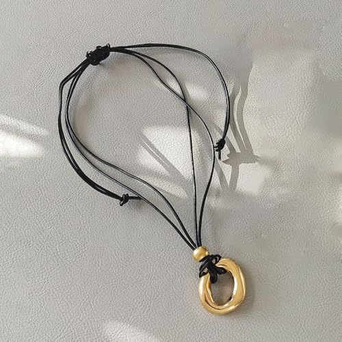 GIGB PBDK Chunky Gold Choker Necklace for Women,Dainty 14K Gold Geometric Hollow Circle Round Pendant Necklace Black Leather Rope Collar Necklace Gifts - color: Gold