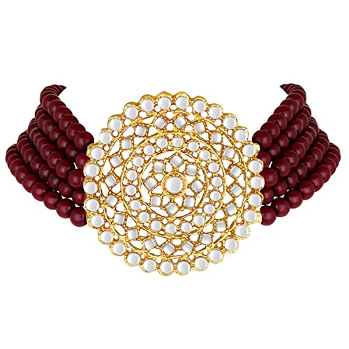 Aheli Pearl Diamond Choker Necklace & Round Earrings Gift for Women Indian Traditional Bollywood Fashion Bharatanatyam jewellery set - color: Maroon 3