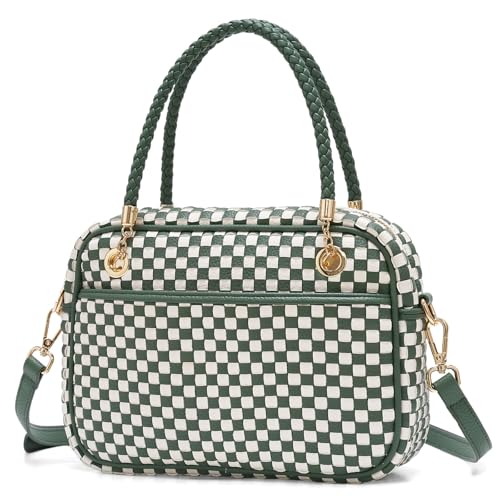 Chic Woven Crossbody Camera Bag, Soft Vegan Leather Purse with Designer Look & Braided Handle - color: Green and White Checkered