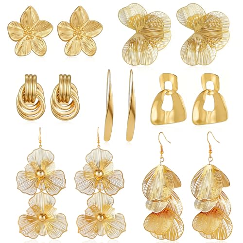 ILGANT Gold Flower Earrings Set for Women Chunky Gold Statement Earrings Big Plated Dangle Flower Jewelry for Women