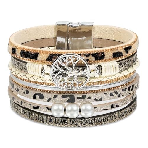 Leather Wrap Bracelet for Women, Boho Cuff Bracelet with Strong Clasp, Multi-Layer Crystal Leather Bracelet for Valentine Mother's Day - color: 02-Tree of Life-Leopard)
