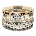 Leather Wrap Bracelet for Women, Boho Cuff Bracelet with Strong Clasp, Multi-Layer Crystal Leather Bracelet for Valentine Mother's Day - color: 02-Tree of Life-Leopard)