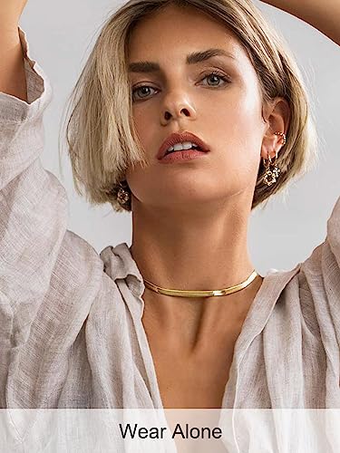 FOCALOOK 14K Gold Plated Necklaces for Women, Fashion Herringbone Choker Necklace Stainless Steel Flat Snake Chain 3/5MM(W) 12.5"/15"/18"+3.5"(L) - color: 5MM-14K Gold-18"