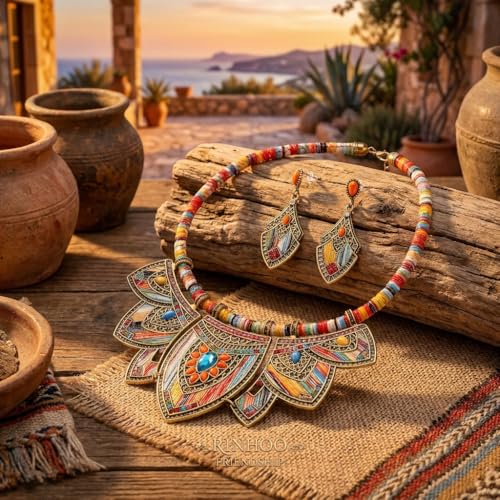 African Tribal Jewelry Set for Women - 2pcs Chunky Colorful Boho Vintage Statement Necklace Earrings Bib Choker Festival Costume Ethnic Accessories - style: Gold Style 2