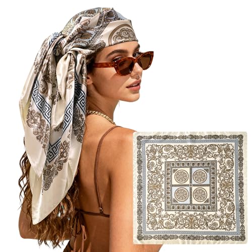 Large Square Head Scarf Bandana - 35" Satin Hair Scarf for Women Like Silk Scarf Fashion Hair Wrapping - color: Filigree Frame(white/Blue), size: 35IN*35IN