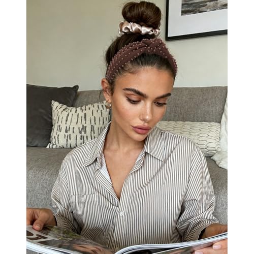 YISSION 1PC Beaded Knotted Headband Wide Jeweled Headbands for women Non Slip Embellished Hairband Coffee Head Band Hair Accessories for Women Girls - color: Coffee