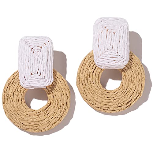 Statement Raffia Earrings Cute Boho Earrings Rattan Dangle Earrings Handmade Straw Wrap Earrings Summer Drop Dangling Earrings for Women Teen Girls - color: White/Nature