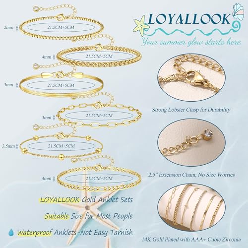 LOYALLOOK Ankle Bracelets for Women Waterproof, 14K Gold Plated Cuban Figaro Link Chain Beaded Anklets Set, Dainty Layered Anklets for Women Non Tarnish Summer Beach Foot Jewelry Adjustable Size - color: 6Pcs Anklets-14K Gold