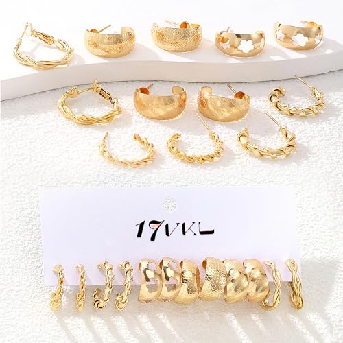 24 Pairs Gold Hoop Earrings Set for Women Hypoallergenic Chunky Chain Twisted Open Hoops Dangle Earring Packs for Birthday Party Fashion Jewelry Gift - color: Gold