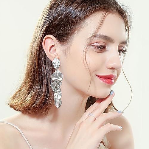 Long Acrylic Rose Petal Earrings Dangle Exaggerated Flower Earrings Drop Statement Floral Tassel Earrings for Women - color: Silver