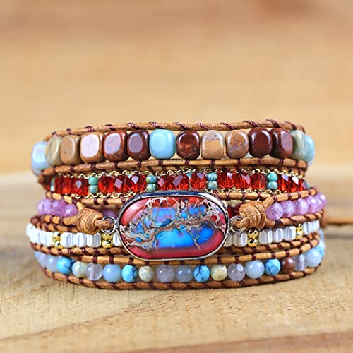 Women Wrap Bracelet Boho Natural Jasper Crystal Stone Beads Strand Bracelets - color: Emperor Stone