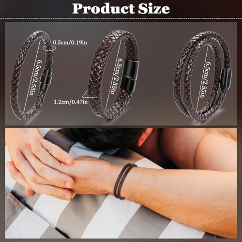 3Pcs Genuine Italian Braided Leather for Men Women Leather Wrist Cuff Bracelets Black Brown Stainless Steel Clasp Wrap Wristband 7.5-9 Inches - color: Brown