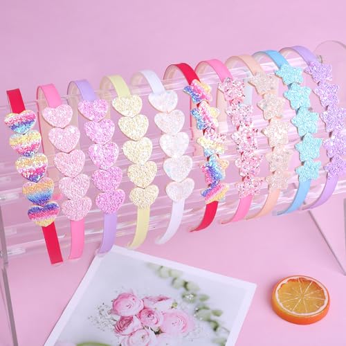 Fishdown Headband for Kids Girls, 10Pcs Rainbow Glitter Hairband for Toddler Heart Rainbow Star Non-slip Headbands with Teeth - color: Multicolor
