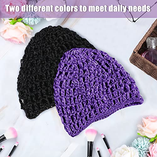 Geyoga 4 Pieces Mesh Crochet Hair Net Rayon Knit Snood Hat Thick Short Women Hairnet Snoods Cover Ornament for Sleeping (Black, Purple) - color: Black, Purple