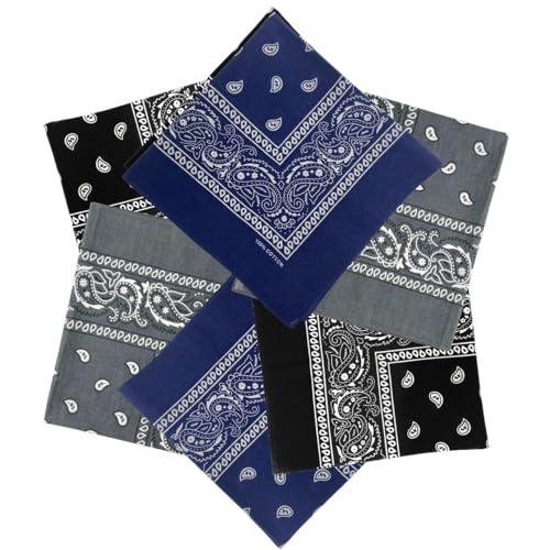 MDSTYLE 6 Pack 100% Cotton Bandanas 22” x 22" for Men & Women Paisley Handkerchief Headband Scarf Bandana - color: Navy Blue X2, Grey X2, Black X2