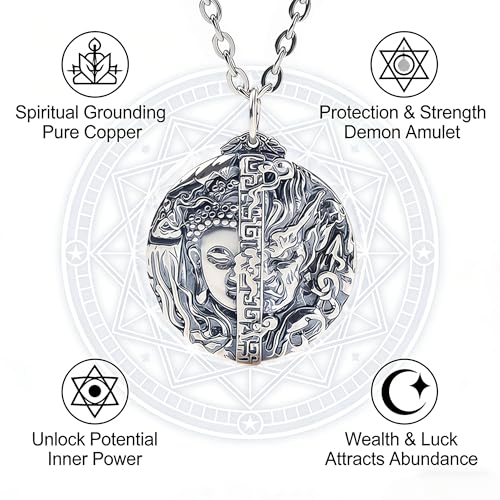 Buddha and Demon Copper Pendant Necklace for Men Women, Vintage Gothic Talisman Style Amulet Necklace for Good Luck, Devil Medallion Buddhist Chain for Protection, Unisex Dark Aesthetic Statement Buddha Jewelry with Gift Box