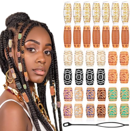 38Pcs Wooden Hair Beads for Braids and Dreadlocks, Loc Jewelry Bead for Black Women and Men, Multi Shape Beads for Necklace Bracelet Hair DIY Craft Handmade Decoration Dreadlock Accessories
