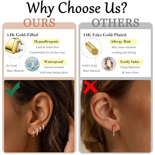 4 Pair Small Gold Hoop Earrings for Women Sensitive Ears - Hypoallergenic 14k Real Gold Plated Hoops Zirconia Cartilage Huggie Earrings Set Helix Piercing Earring Gold Jewelry for Women Gift - color: 01-4 Pair Gold