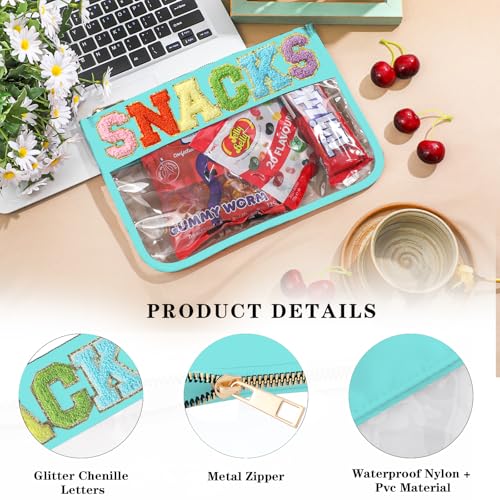 DYSHAYEN Chenille Letter Clear Zipper Pouch for Travel,Nylon Clear Cosmetic Bag,Makeup Travel Bag for Women Girls 11.8 Inches x 8.2 Inches - color: Green-Snacks