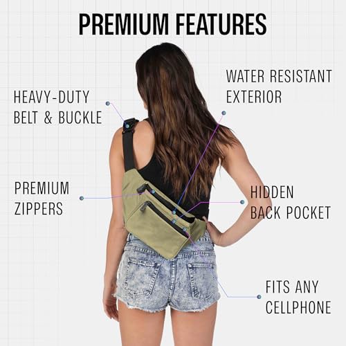 Olive Green Fanny Pack Belt bag - Crossbody Waist Bag for Men or Women - Hands-Free, Waterproof Large Bumbag for Hiking, Running, and Travel - color: Olive Green