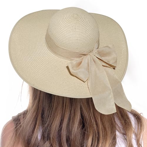Beach Hats for Women - Beach Hat Womens UPF 50+, Packable Sun Hat Women Roll Up, Wide Brim Straw Hat for Women - color: Beige