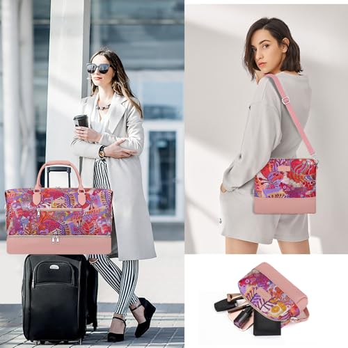 ITIEZY Weekender Overnight Bag for Women - Large Travel Duffel Bag with Shoe Compartment, Gym Duffel Bag Hospital Bag Carry On Tote Bags for Airplanes with Crossbody Bag Toiletry Bag 3Pcs Set - color: 8a-Pink