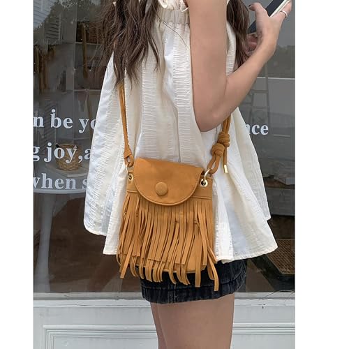 Women Leather Fringe Messenger Bag Mini Hobo Crossbody Tassel Shoulder Bags - color: Suede Brown