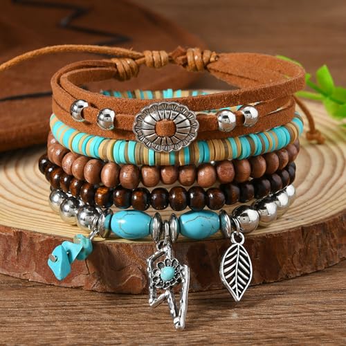 Long tiantian Western Turquoise Beaded Bracelet Set for Women Stackable Cowgirl Bracelets Boho Concho Jewelry Country Concert Rodeo Outfit Accessories Gifts - color: D5