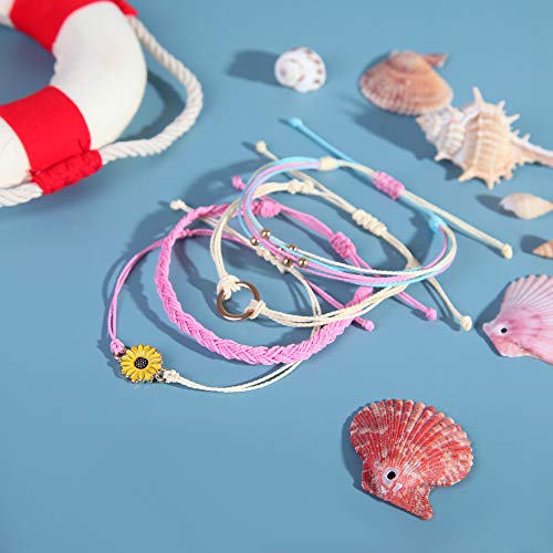 FANCY SHINY Easter Gifts Basket Stuffers Sunflower String Bracelet Boho Braided Rope Wrap Bracelets Cute Summer Beach Surfer Jewelry for Women - color: Pink
